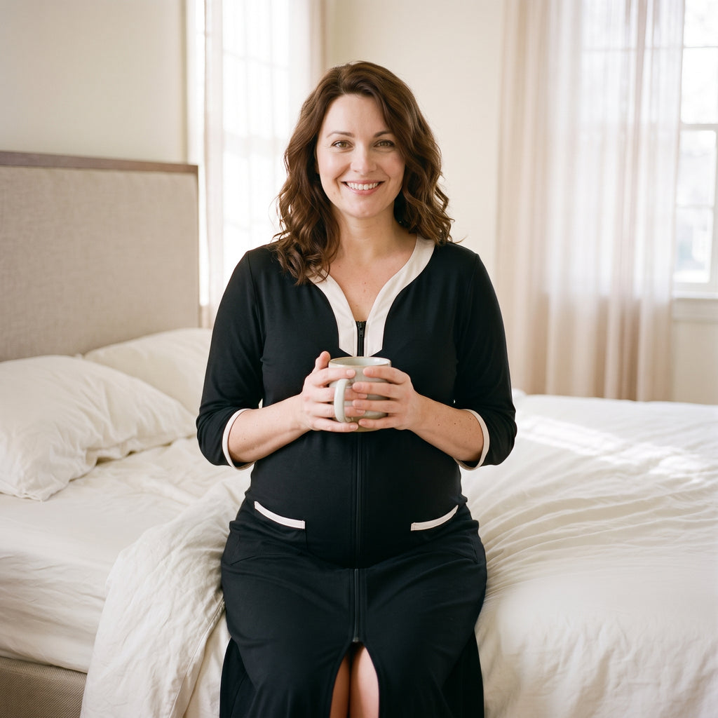 Femme enceinte assise au bord du lit en peignoir de maternité noir, une tasse entre les mains