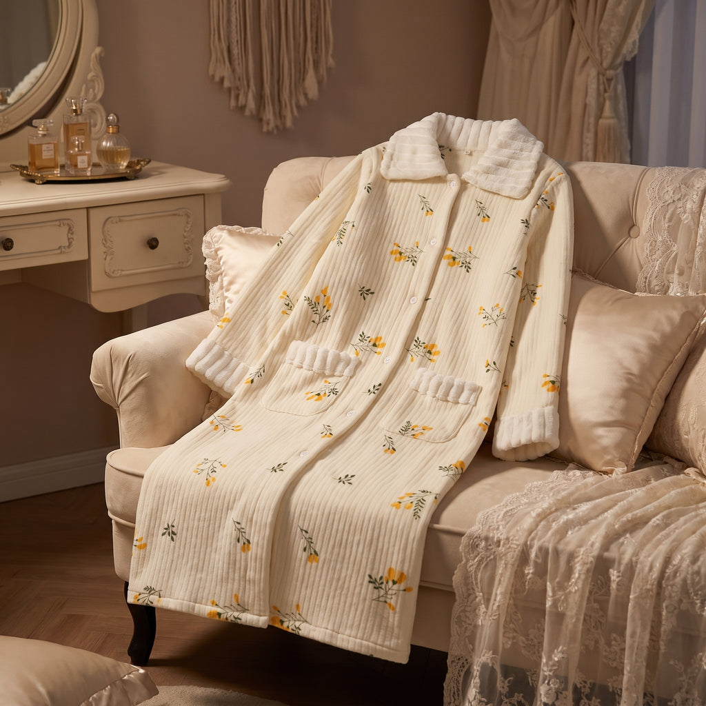 Robe de chambre boutonnée en coton posée dans un décor boudoir du soir