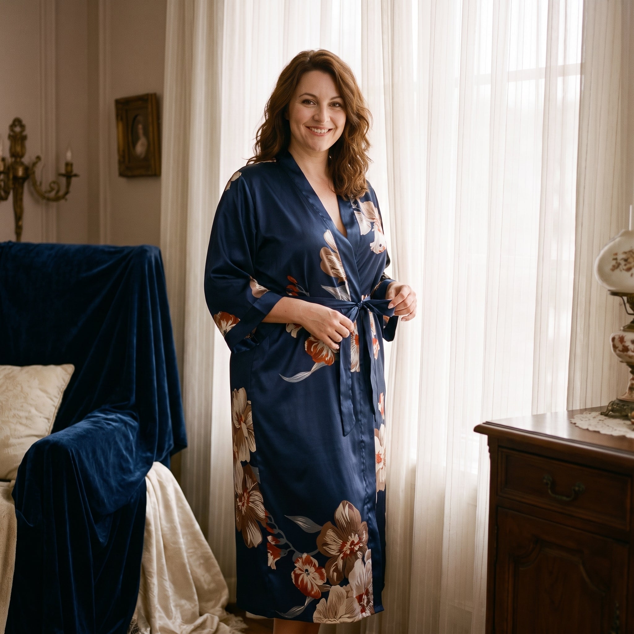 Kimono satin bleu marine floral porté ceinturé, grande taille Image