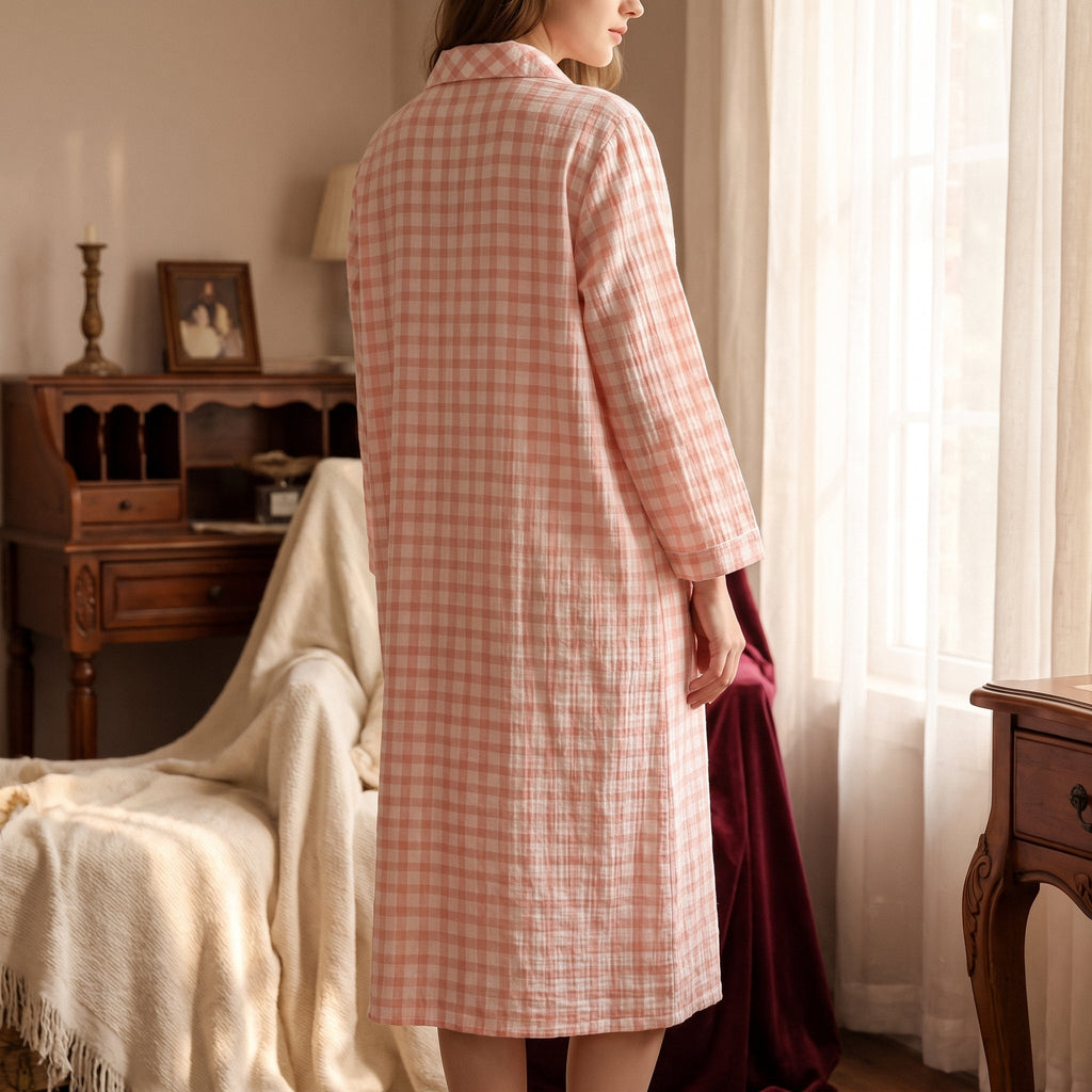 Robe de Chambre Longue Boutonnee a Carreaux Vichy
