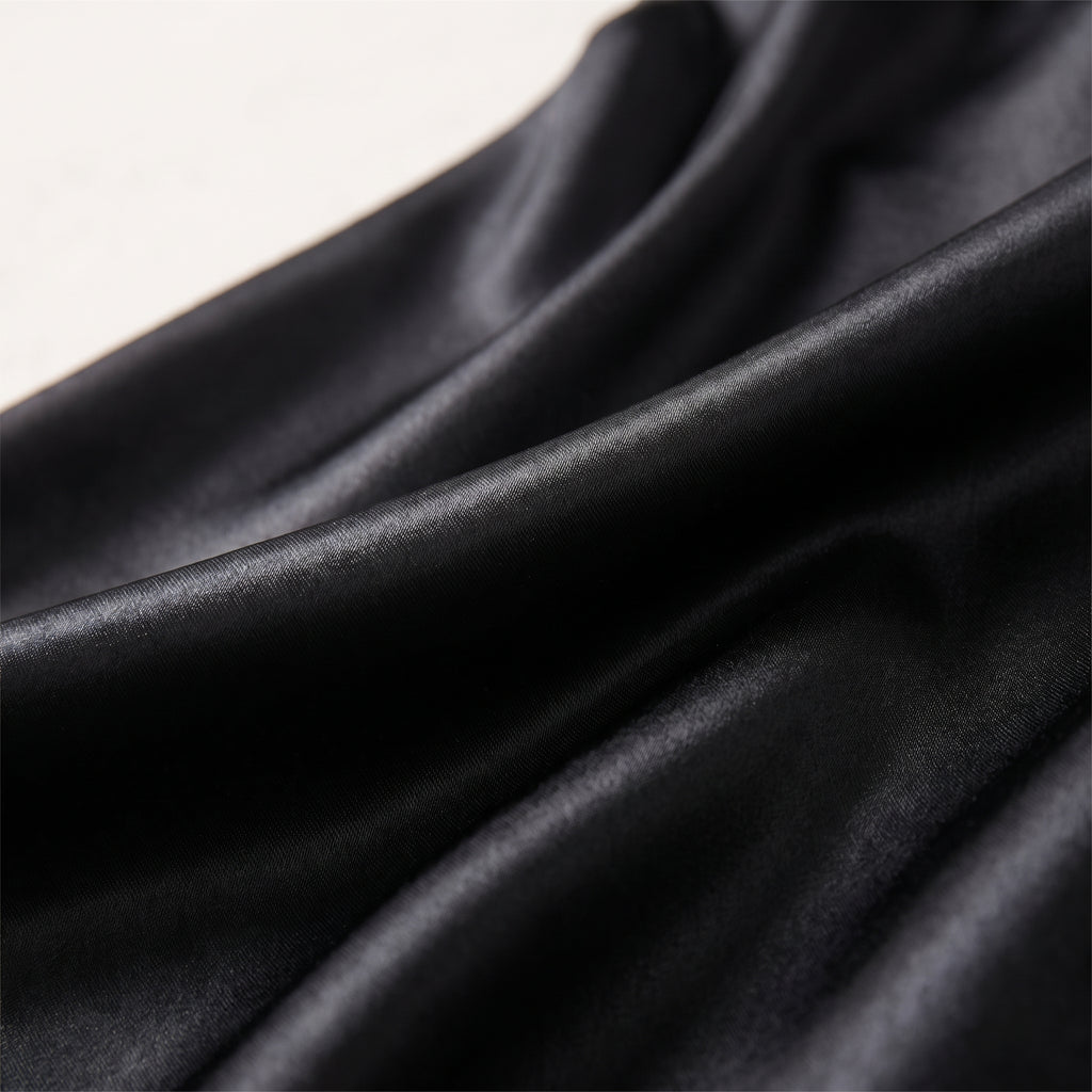 Détail du satin noir fluide et chatoyant de la longue jupe