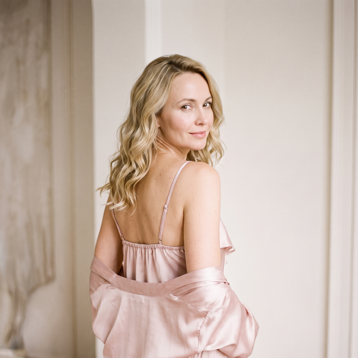 Nuisette rose en satin vue de dos, bretelles fines et bande élastiquée
