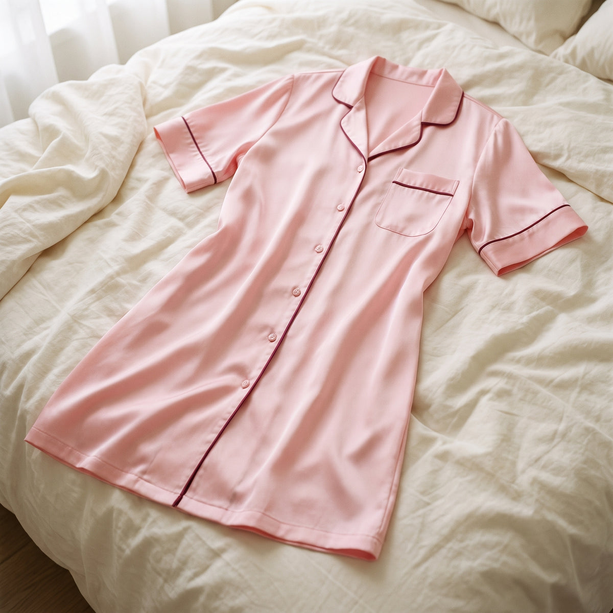Chemise de nuit rose poudrée posée sur un lit, ambiance maternité
