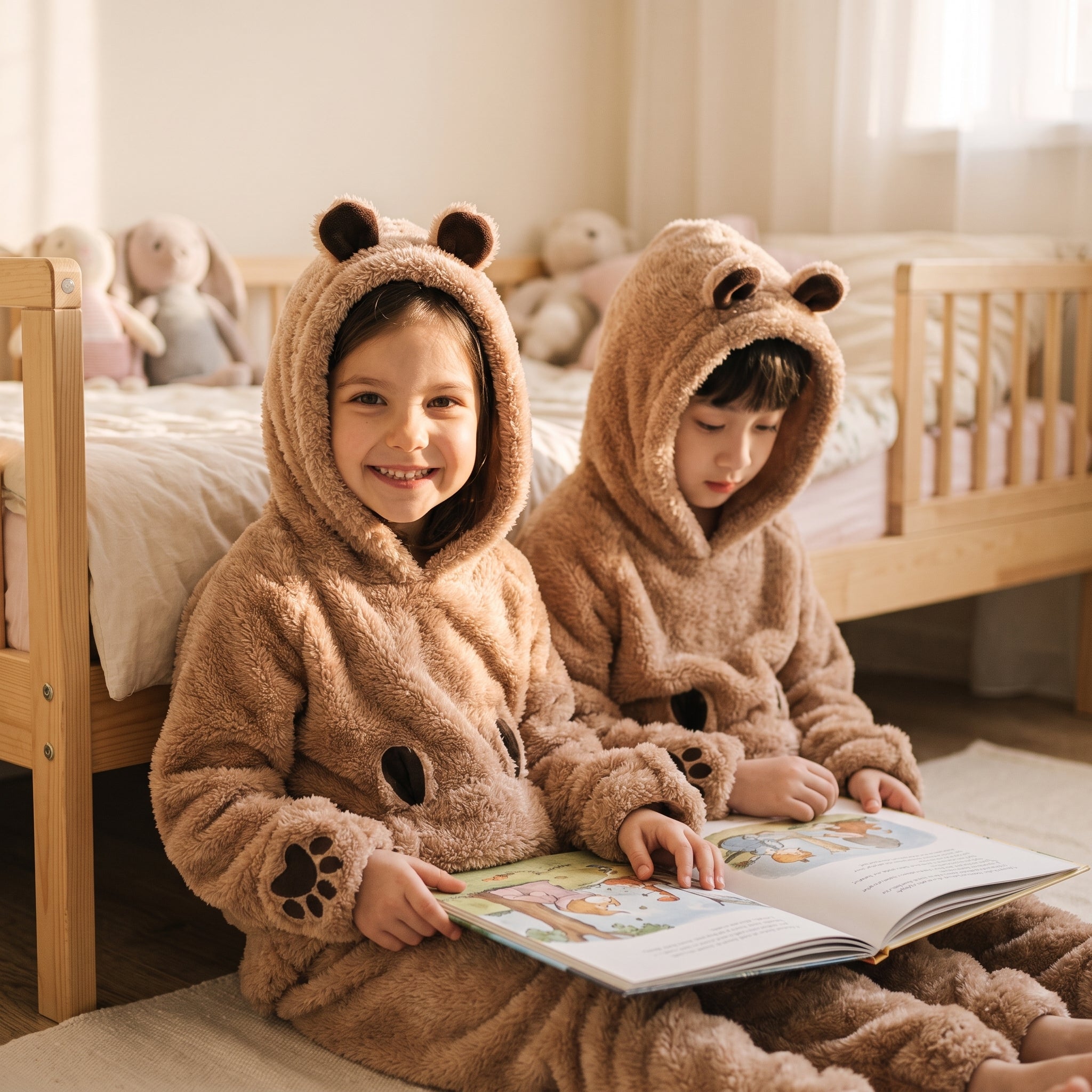 Deux enfants en ensemble polaire a capuche lisant un livre au pied du lit Image