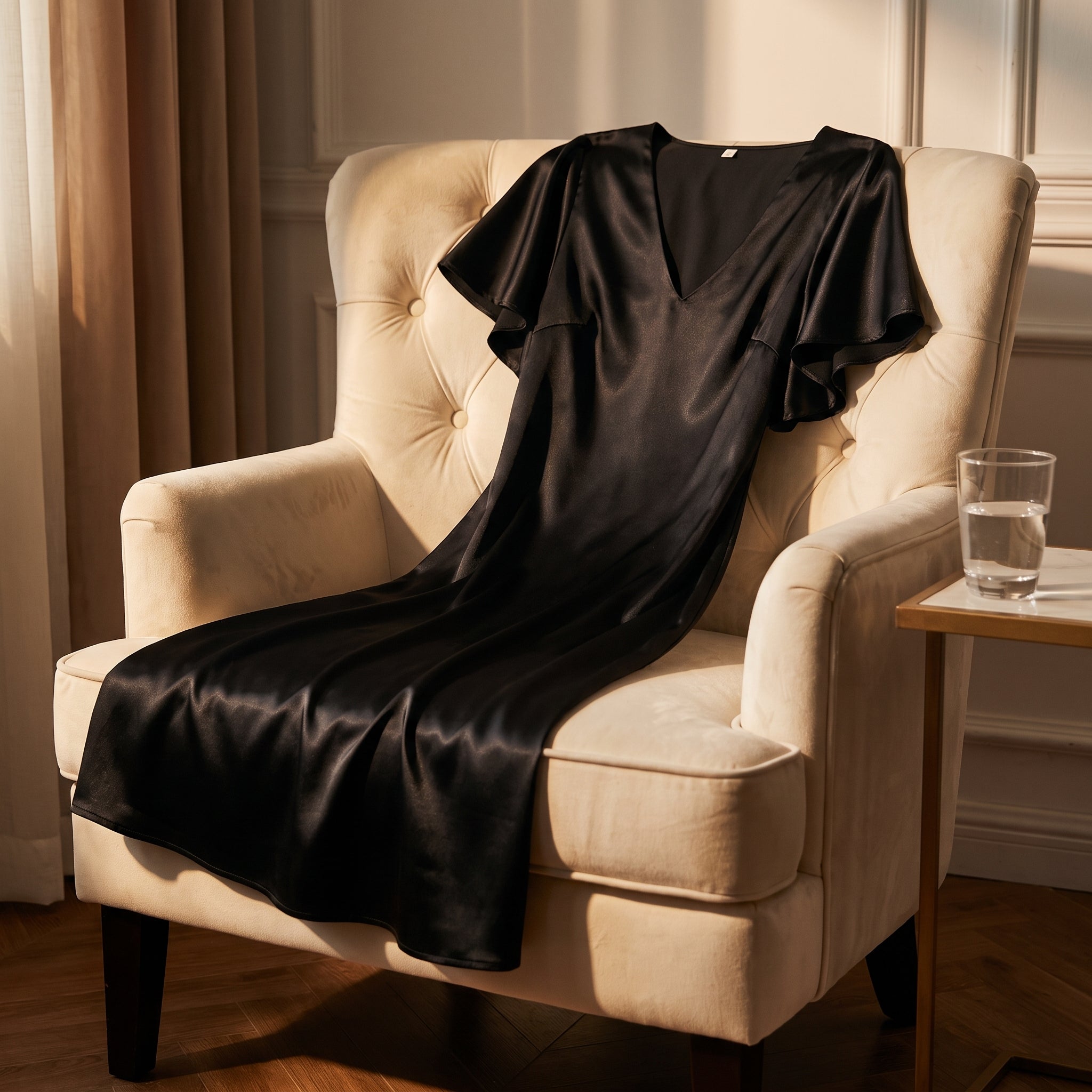 Nuisette noire posee dans un boudoir, ambiance du soir Image