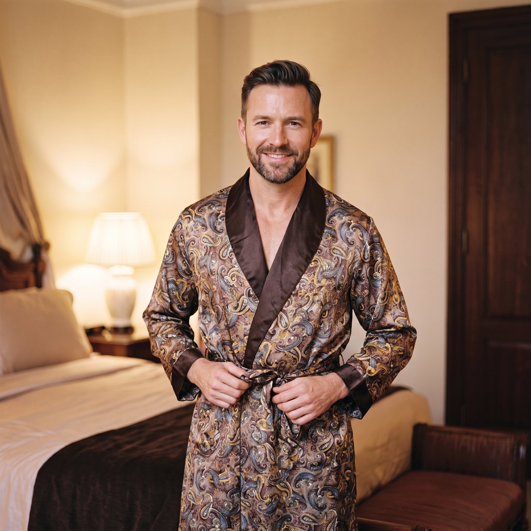 Homme souriant debout dans une chambre le soir en robe de chambre satinée brune à motif paisley, col châle chocolat et poignets chocolat Image