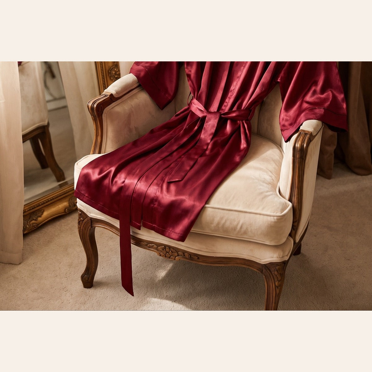 Peignoir kimono satiné bordeaux drapé sur un fauteuil boudoir Image