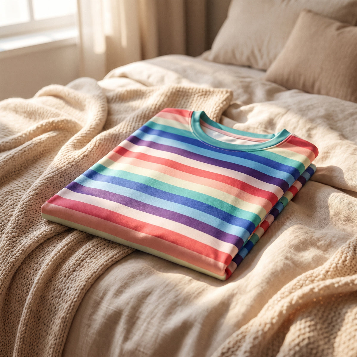 Nuisette rayée multicolore pliée sur un lit, prête à offrir