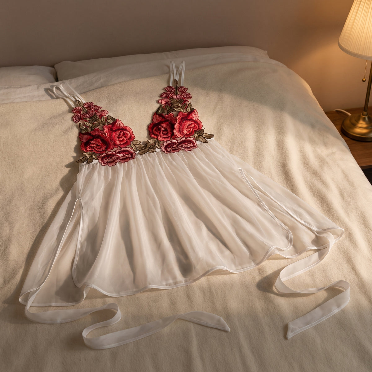 La nuisette posée en travers du lit près des oreillers, ses deux bonnets fleuris et ses rubans déroulés sur la couverture, sous la lumière chaude d’une lampe de chevet