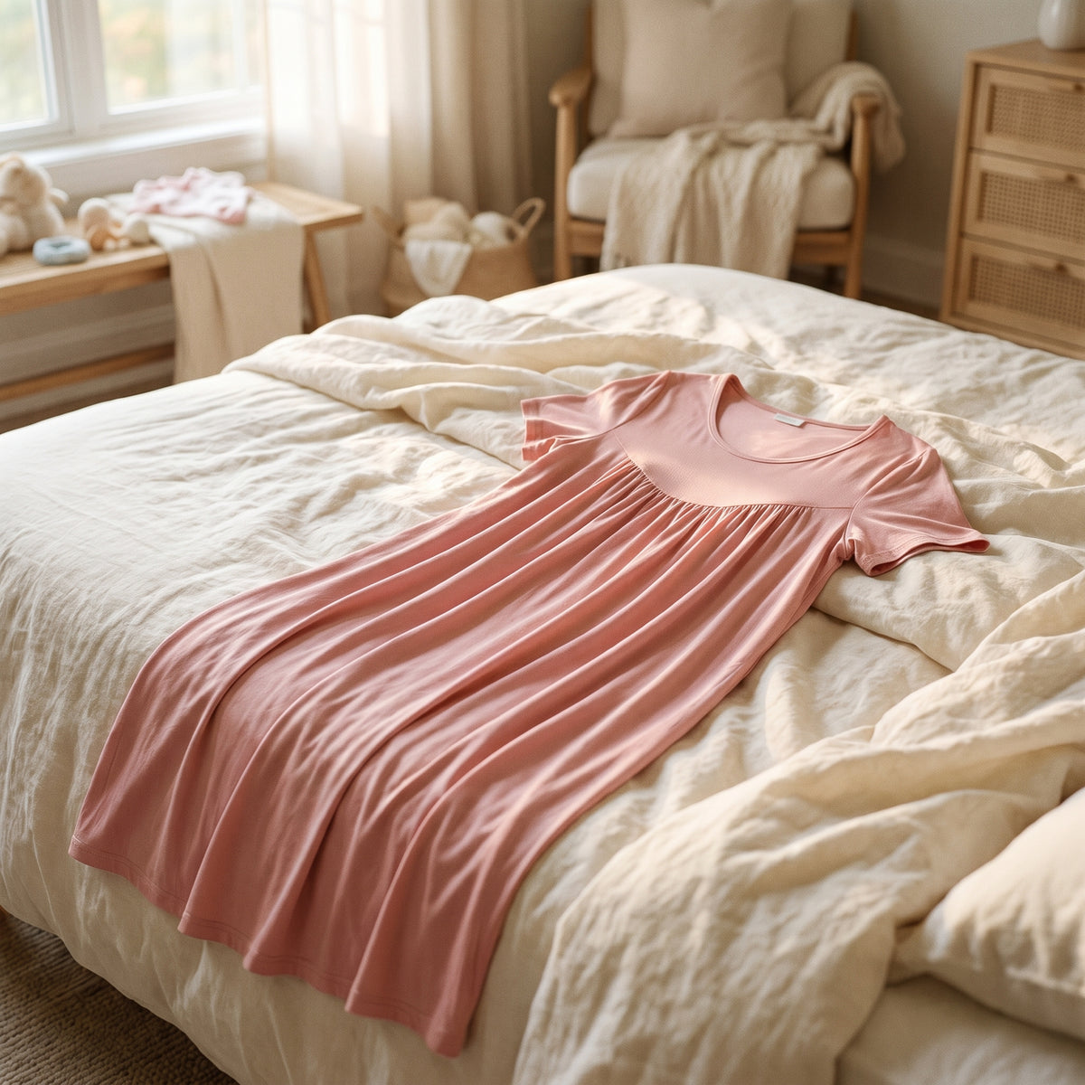 Chemise de nuit rose posée sur un lit, ambiance maternité