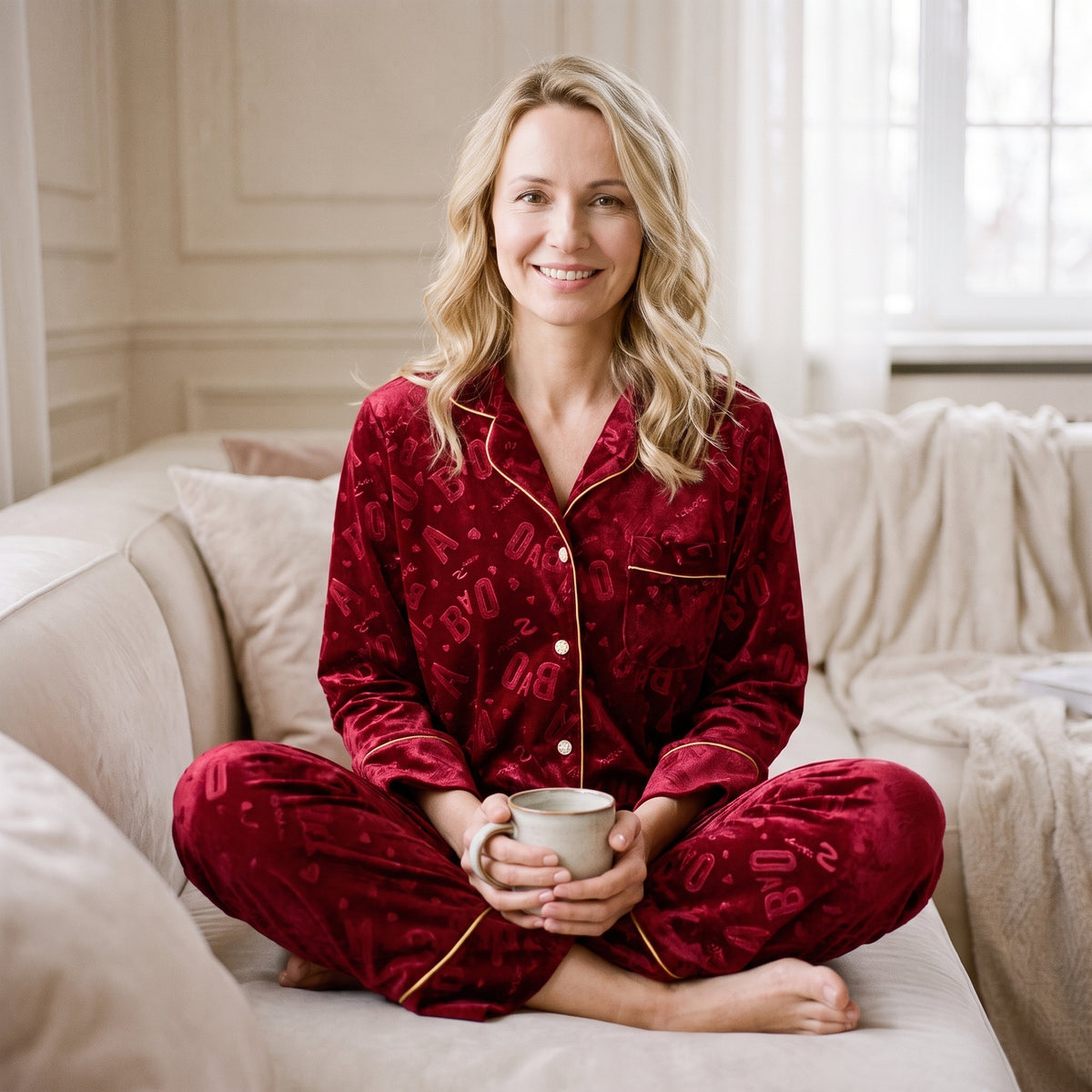 Femme souriante assise en tailleur sur un canapé clair, une tasse tenue à deux mains, en pyjama de velours rouge deux pièces