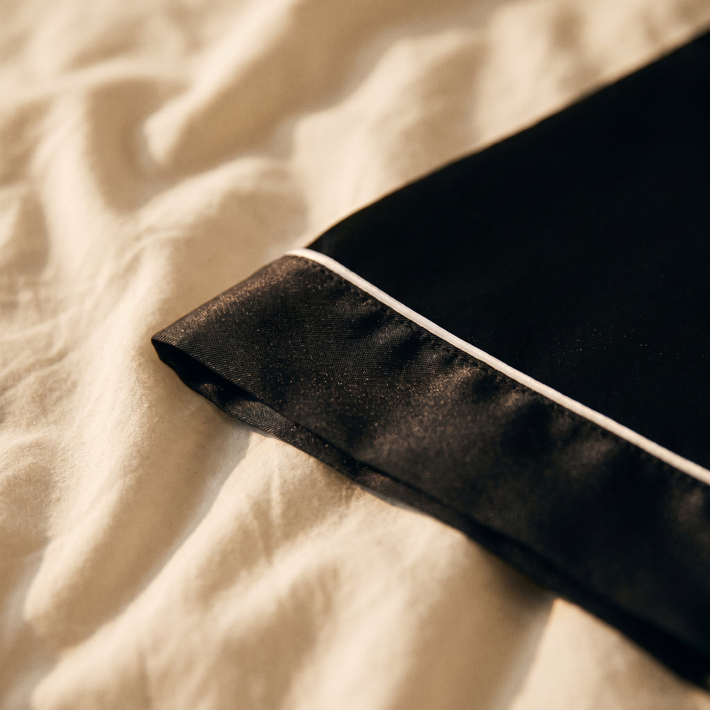 Gros plan sur le liseré blanc qui souligne le bord replié d'un pyjama homme en satin noir posé sur un drap crème