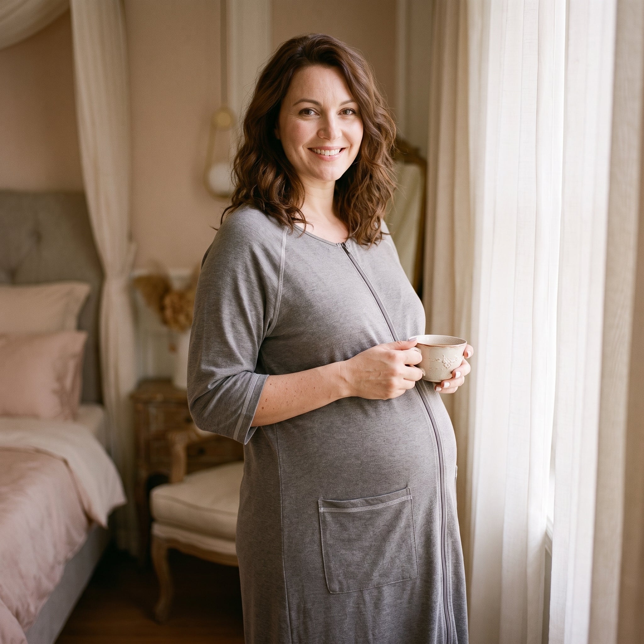 Femme debout près d'une fenêtre voilée, une tasse tenue à deux mains, en robe de chambre grise zippée Image