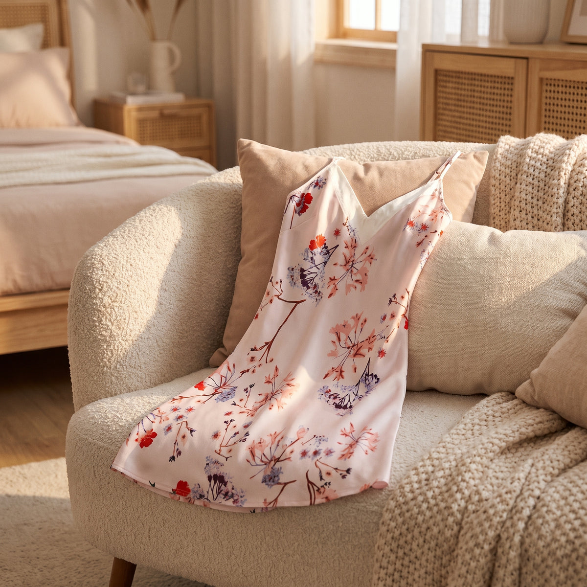Nuisette en satin rose à motifs floraux posée sur un fauteuil de chambre