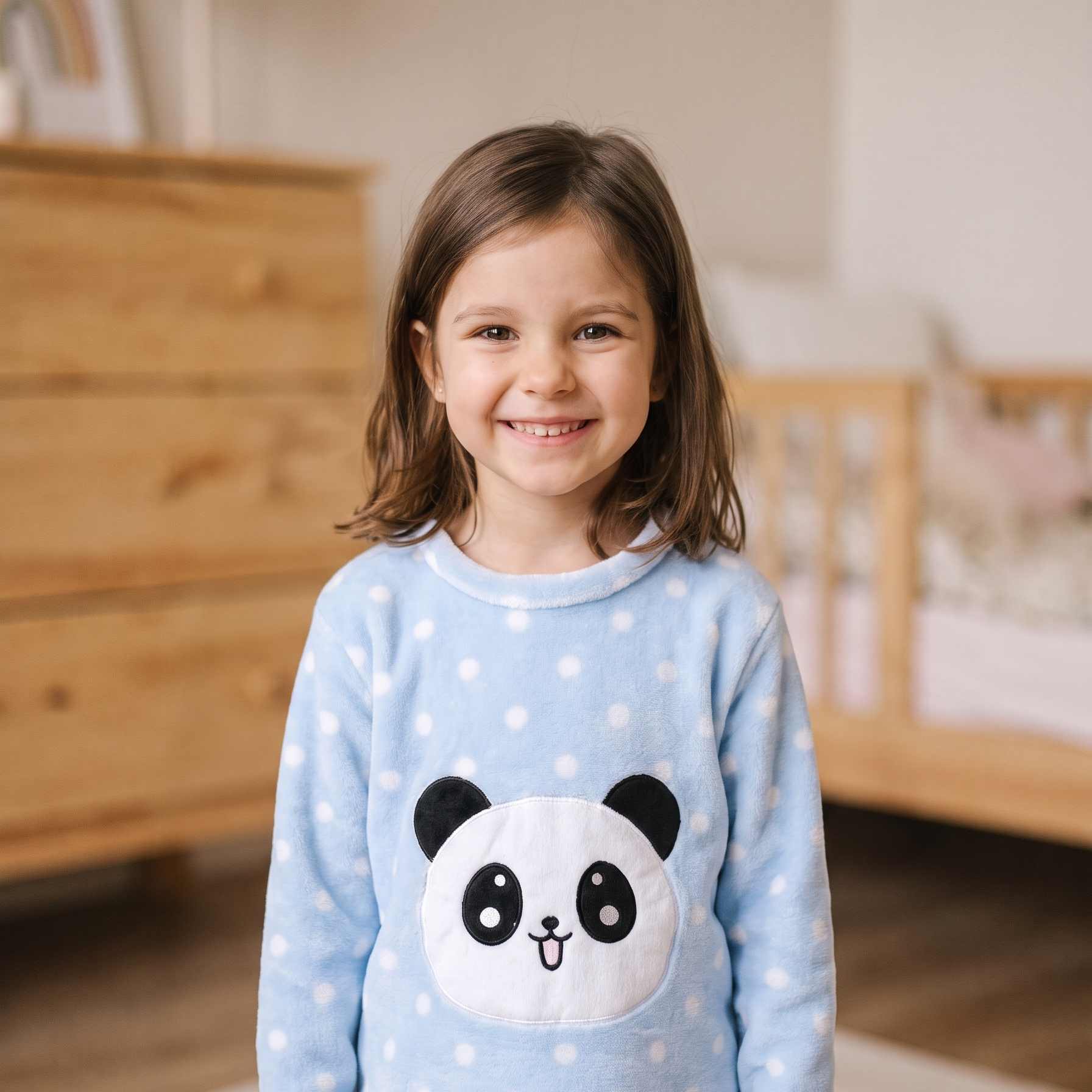 Petite fille portant le pyjama bleu ciel à pois et panda Image