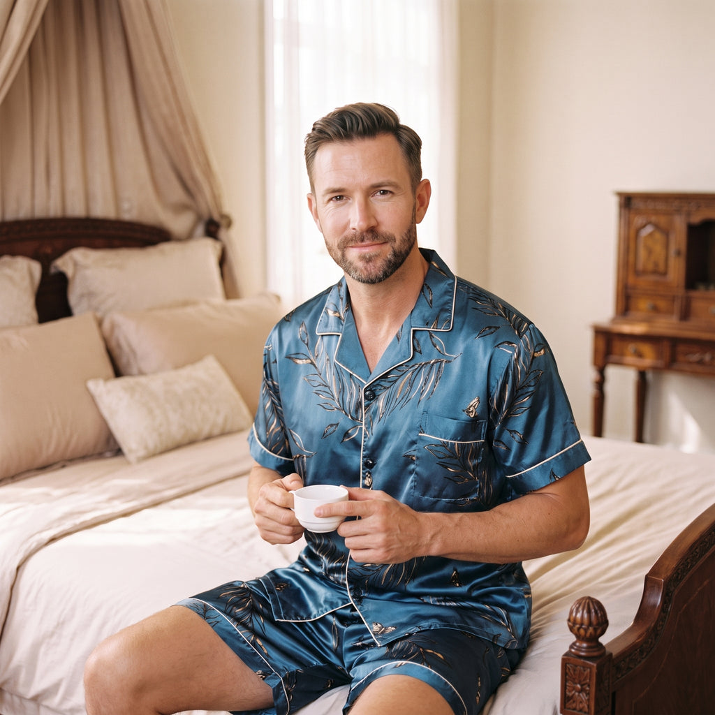 Homme assis au bord du lit avec une tasse, le matin, chemise boutonnée et col ouvert
