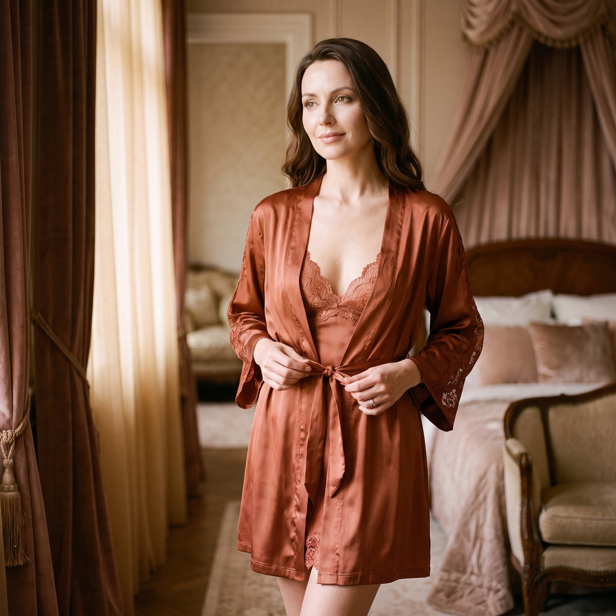 Detail produit ensemble-nuisette-et-kimono-en-satin-caramel-avec-dentelle