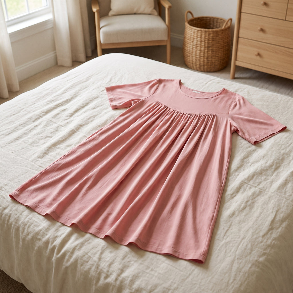 Chemise de nuit rose poudré étalée sur un lit, manches courtes et fronces déployées