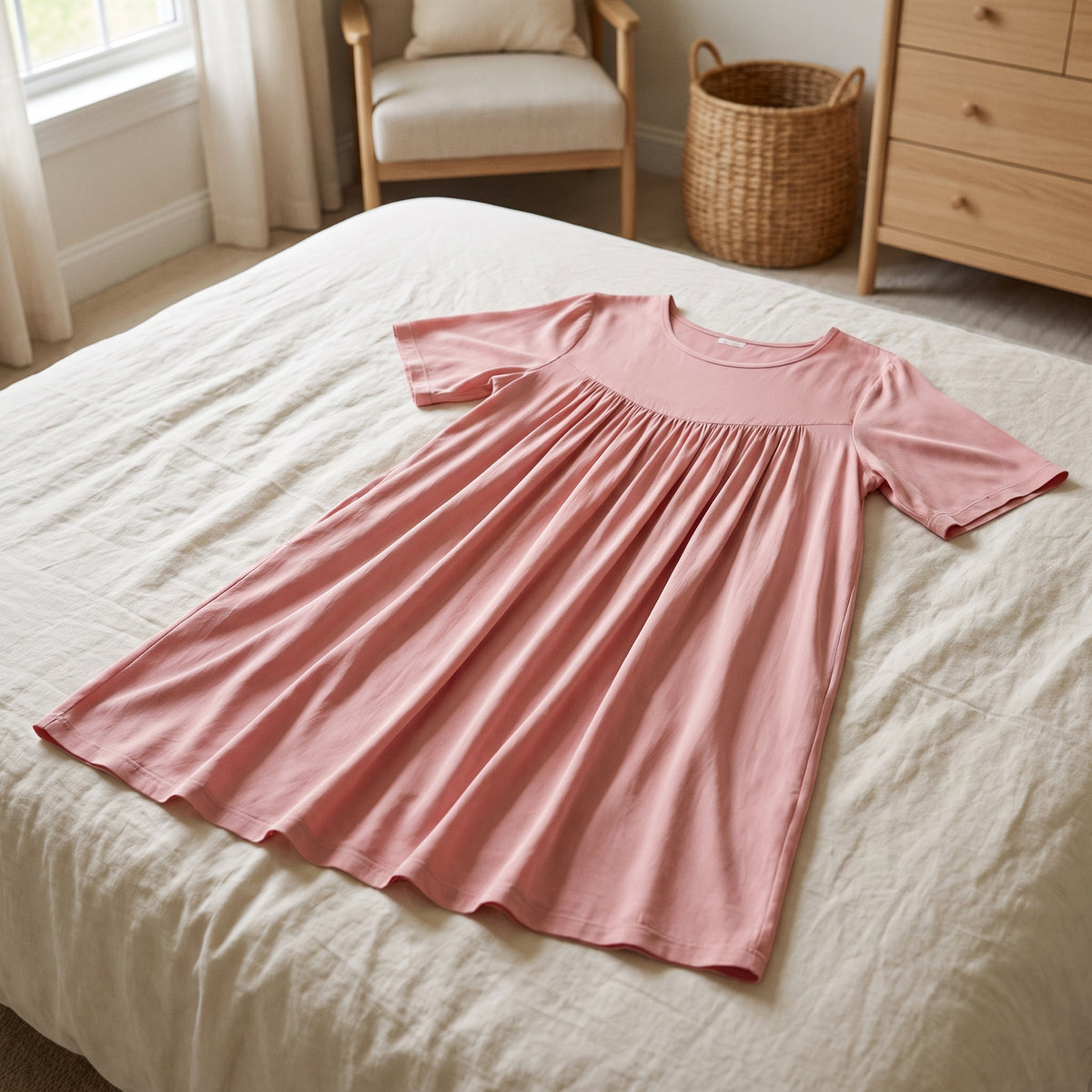 Chemise de nuit rose poudré étalée sur un lit, manches courtes et fronces déployées