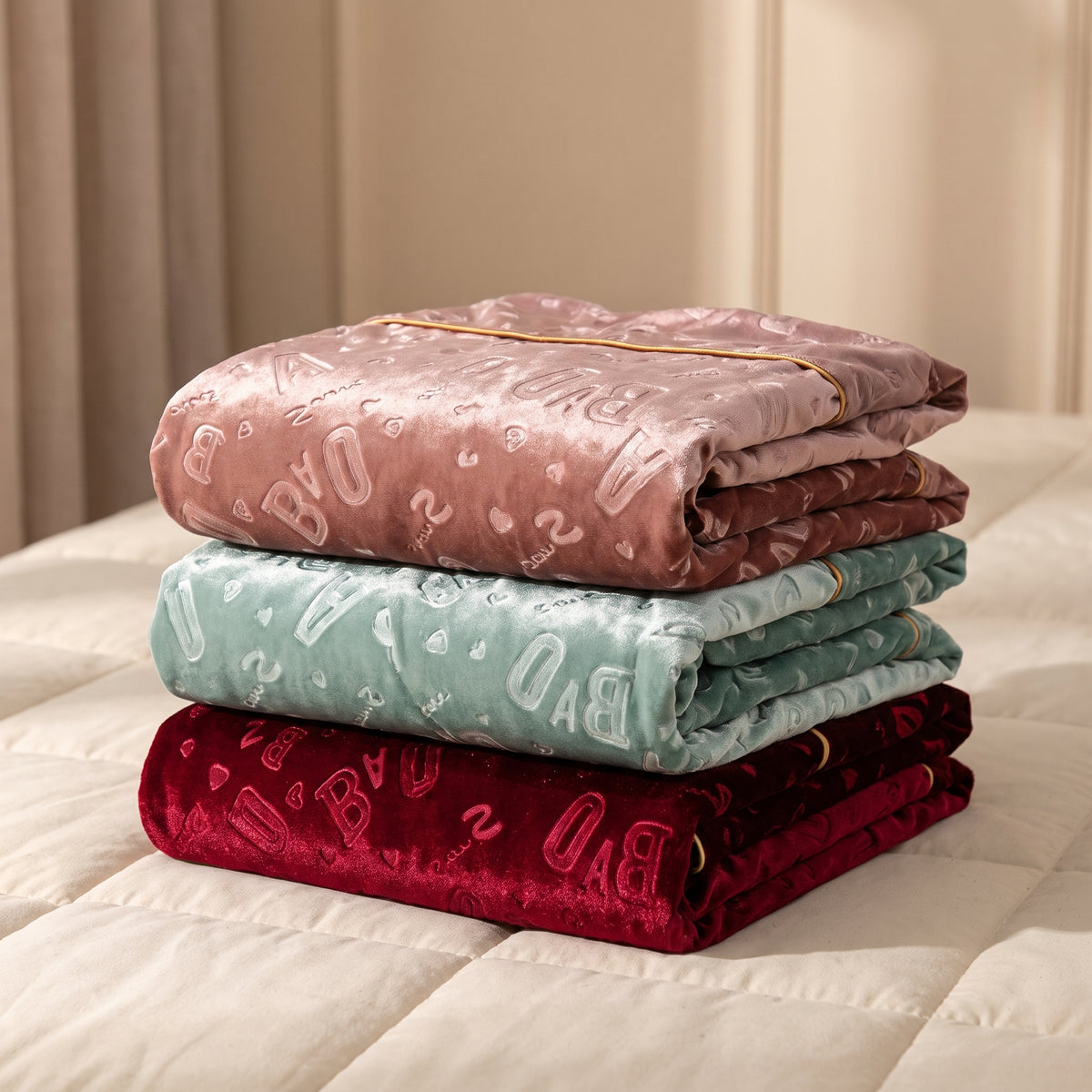 Trois ensembles de pyjama en velours pliés et empilés sur un lit crème, un rose, un vert d'eau et un rouge, leurs lettres en relief et leur cordon doré visibles sur le pli