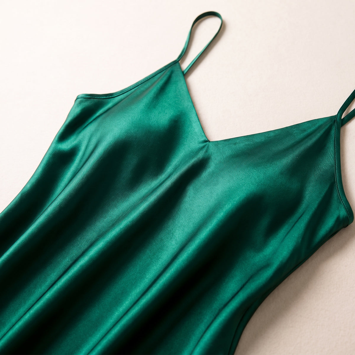 Détail du décolleté en V et du satin vert émeraude de la nuisette