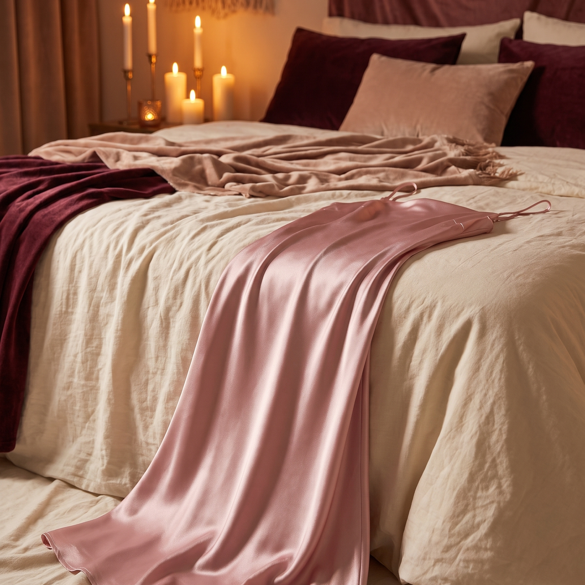 Nuisette rose en satin drapée sur un lit boudoir