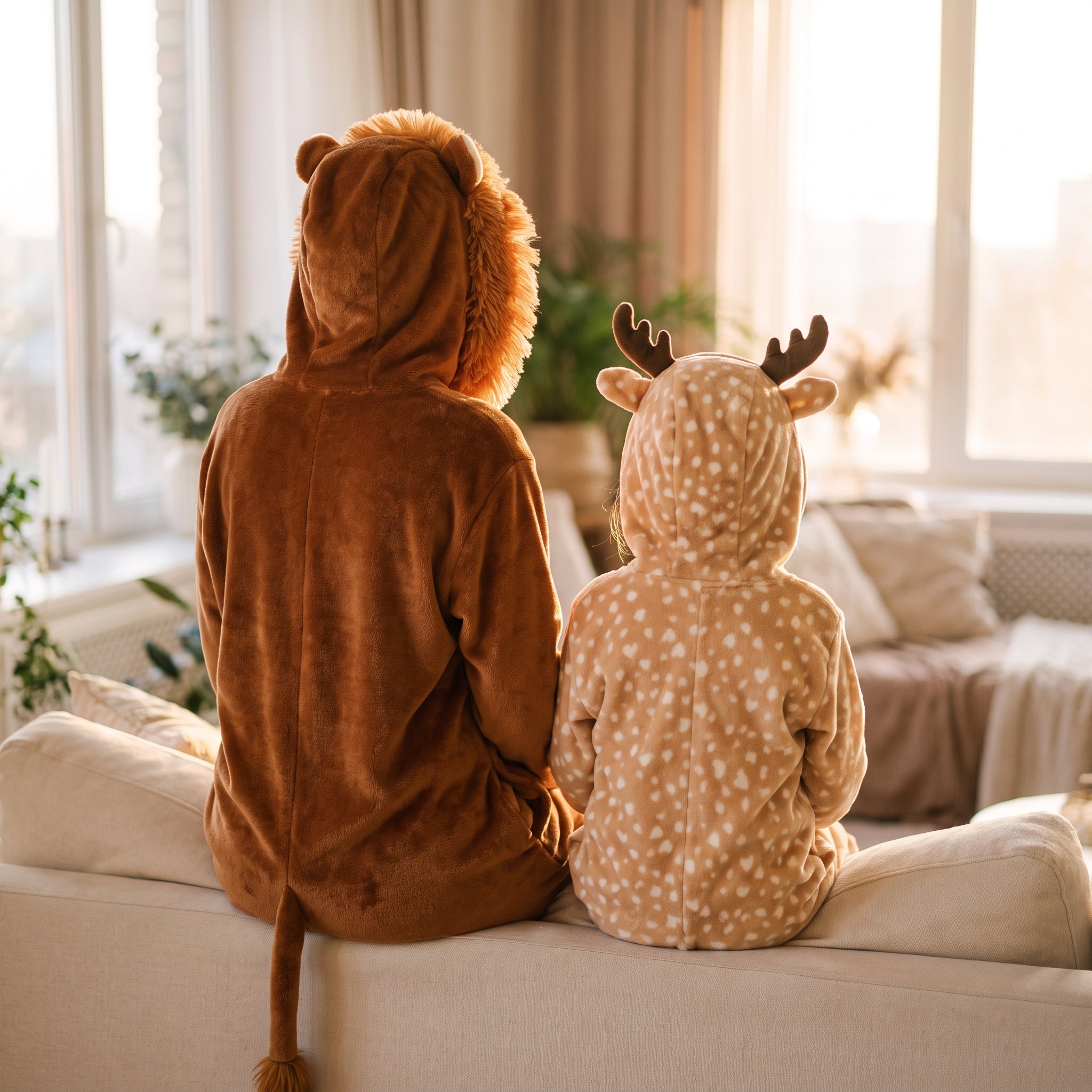 Une mere et sa fille de dos, les deux capuches animal relevees Image