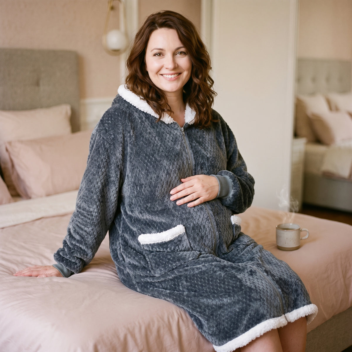 Femme enceinte assise au bord du lit en peignoir de maternité polaire gris ardoise, la poche bordée de fausse fourrure et l'ourlet blanc sous le genou