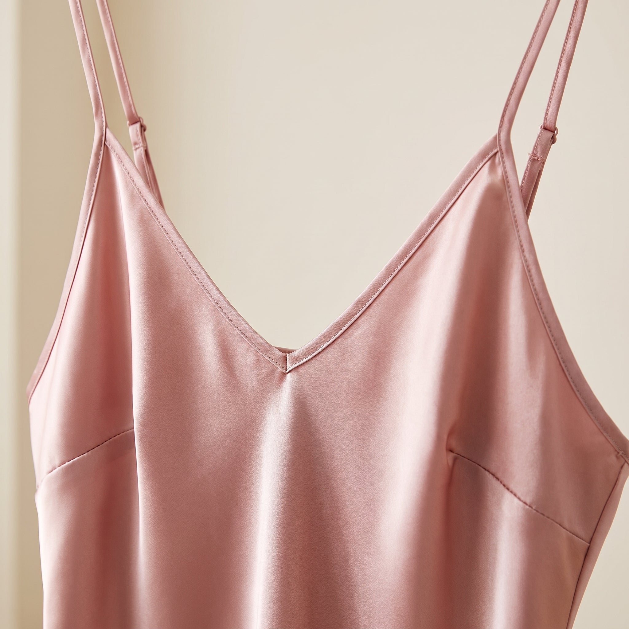 Détail du décolleté en V et des bretelles réglables de la nuisette satin rose Image