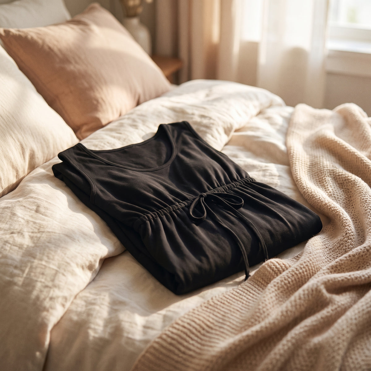 Nuisette noire de maternité pliée sur un lit aux tons nude et crème