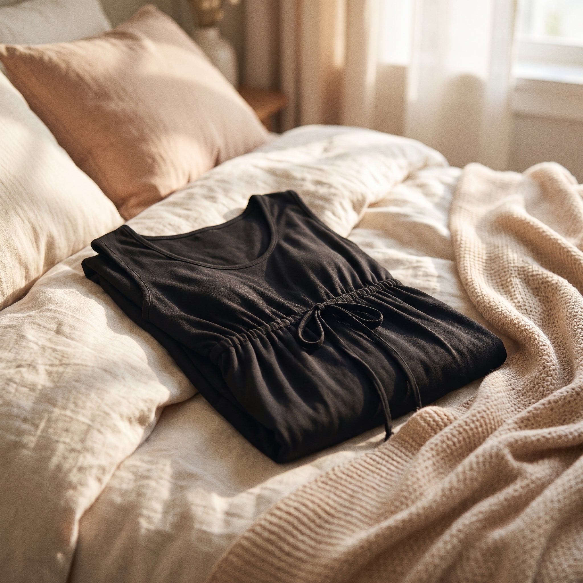 Nuisette de maternité noire pliée sur un lit aux tons nude et crème Image