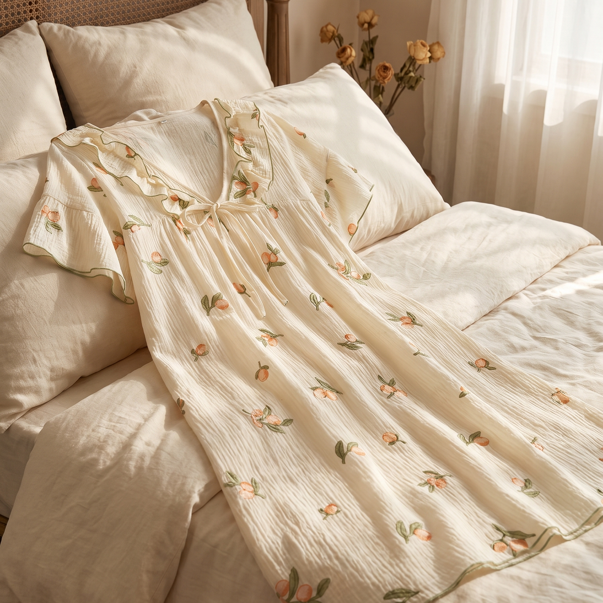 Nuisette en coton imprimé drapée sur le lit, matin paisible
