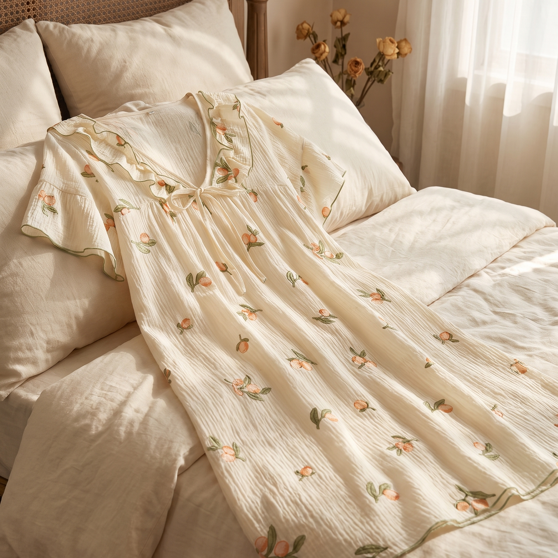 Nuisette en coton imprimé drapée sur le lit, matin paisible Image