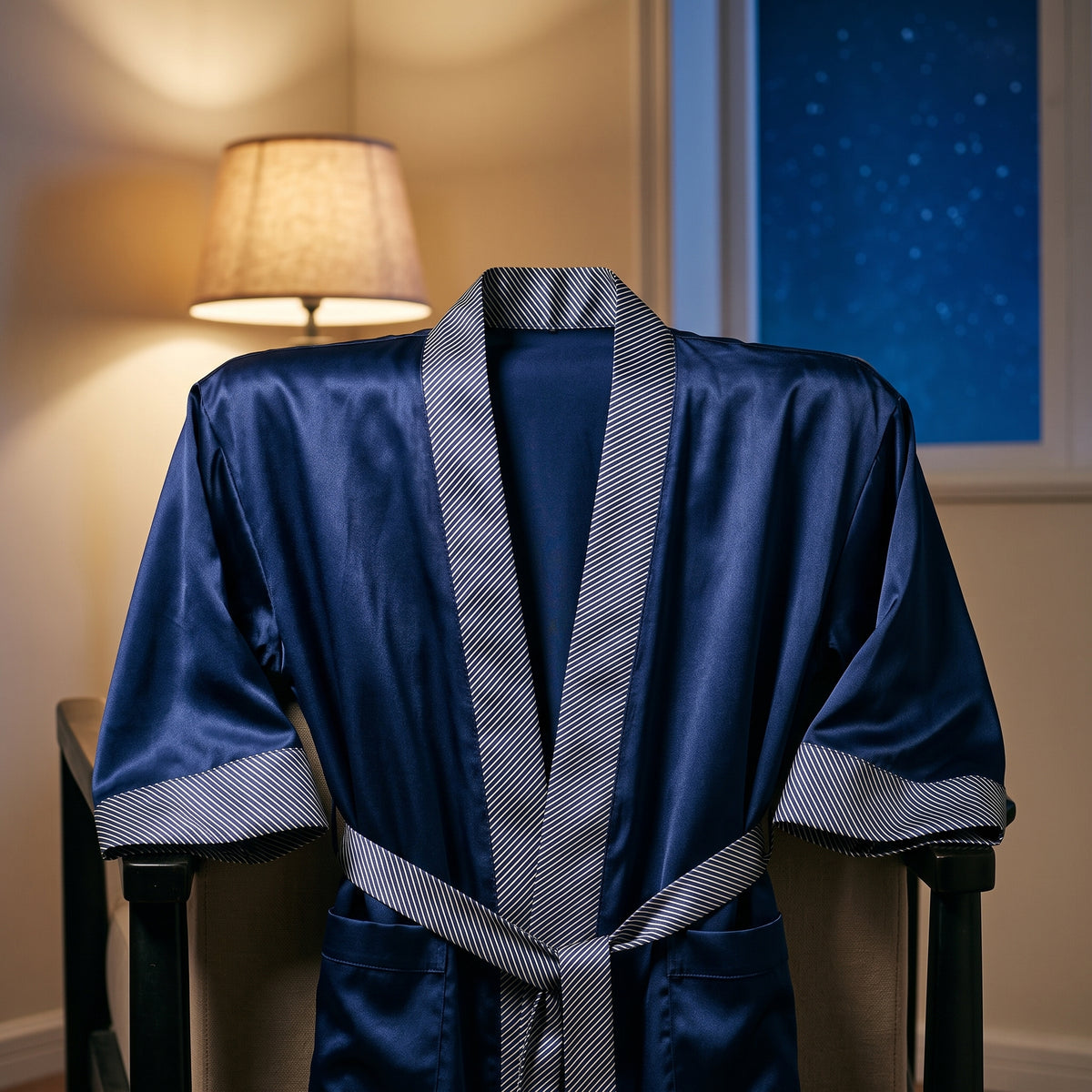 Robe de chambre de soie posée sur le dossier d’un fauteuil, lampe de chevet allumée le soir