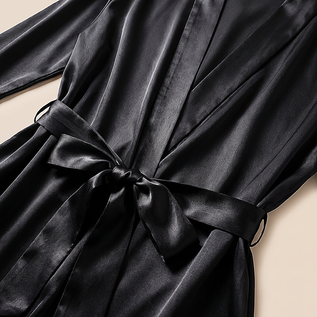 Détail du satin noir de la robe et de sa ceinture nouée