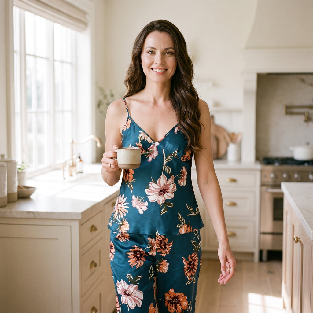 Femme brune en pyjama à fleurs debout dans la cuisine le matin, une tasse à la main
