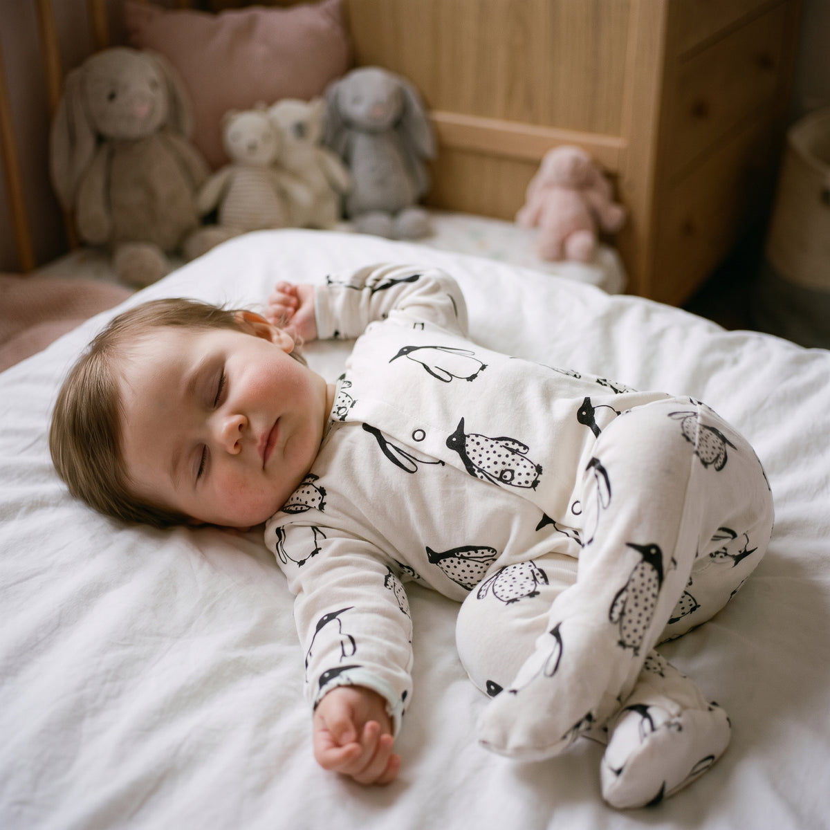 Bébé endormi en combinaison pyjama à pingouins, pieds intégrés visibles