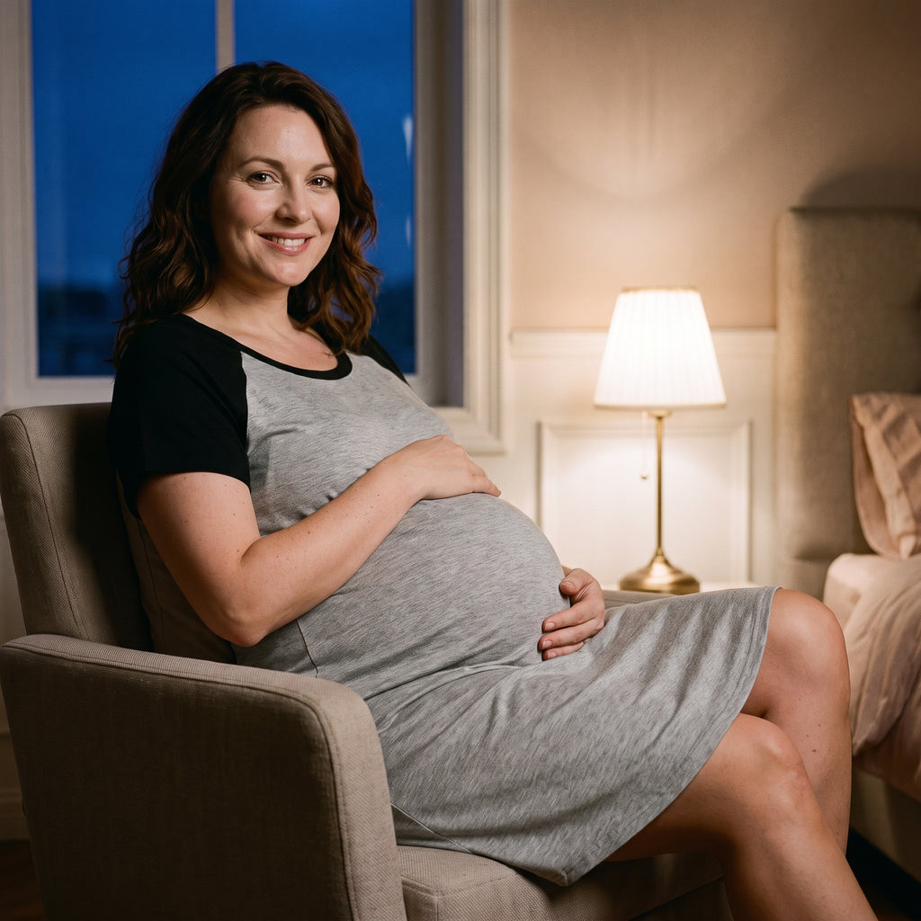 Femme enceinte assise dans un fauteuil la nuit, lampe de chevet allumée, en chemise de nuit de maternité