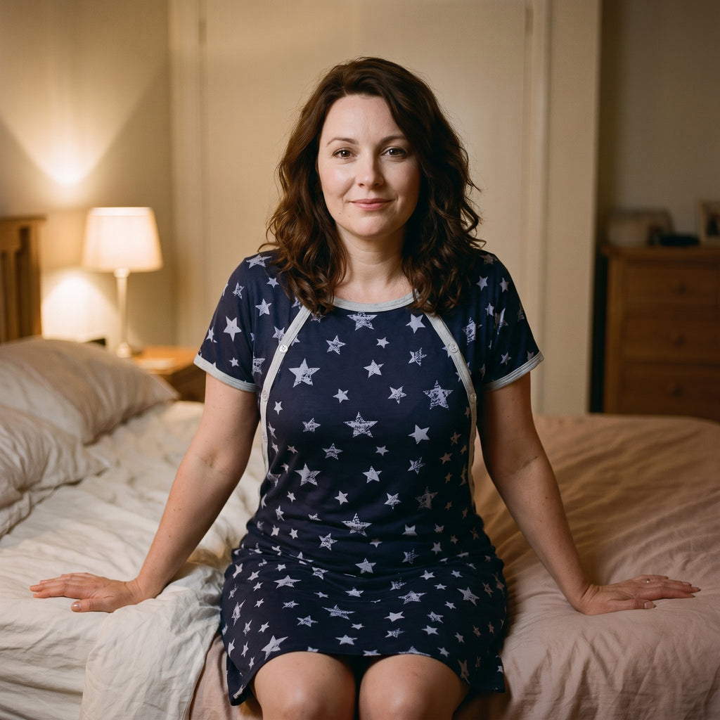 Chemise de nuit de maternité à étoiles portée le soir, lampe de chevet allumée
