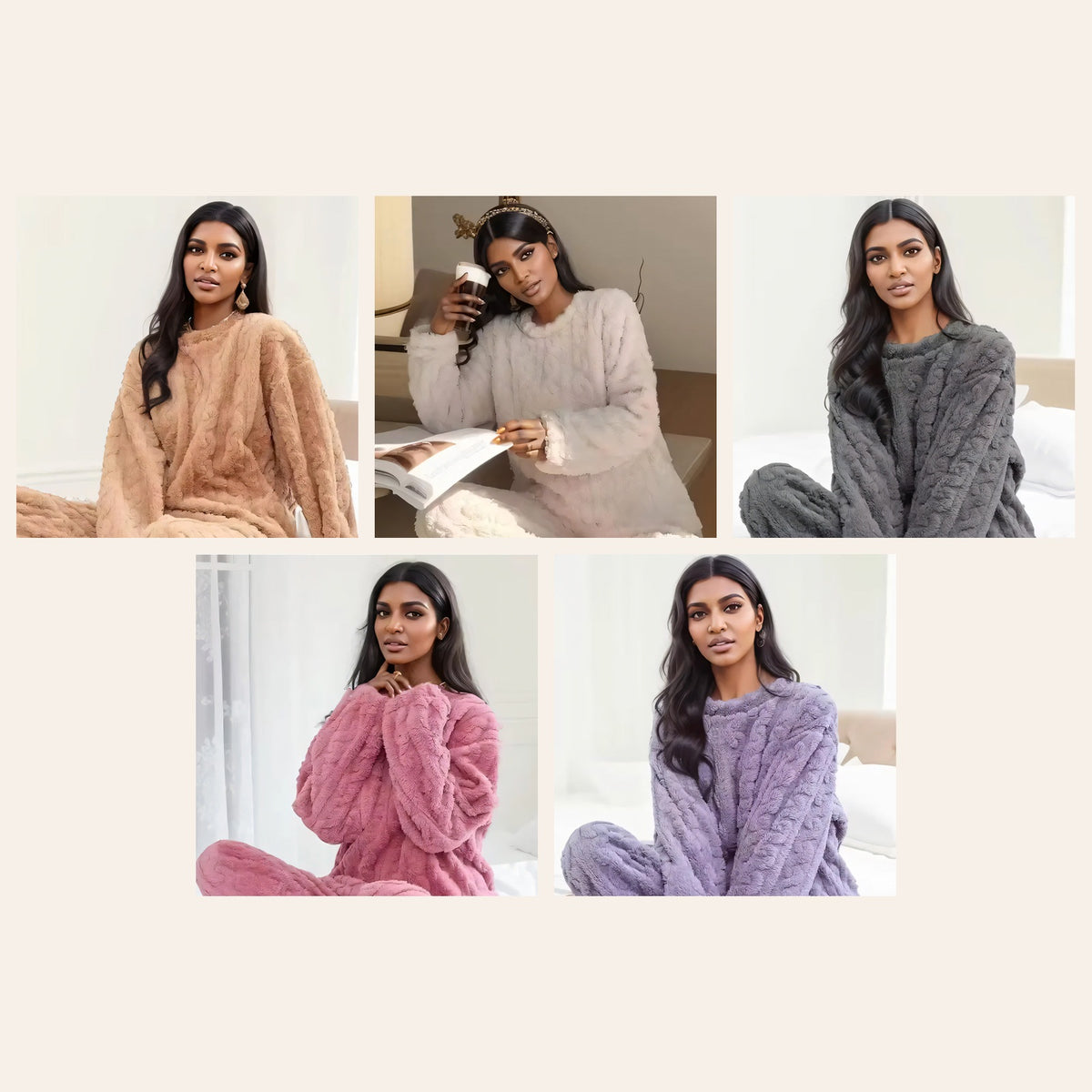 Le pyjama en pilou peluche dans ses cinq coloris : beige, blanc crème, gris anthracite, rose et violet lilas