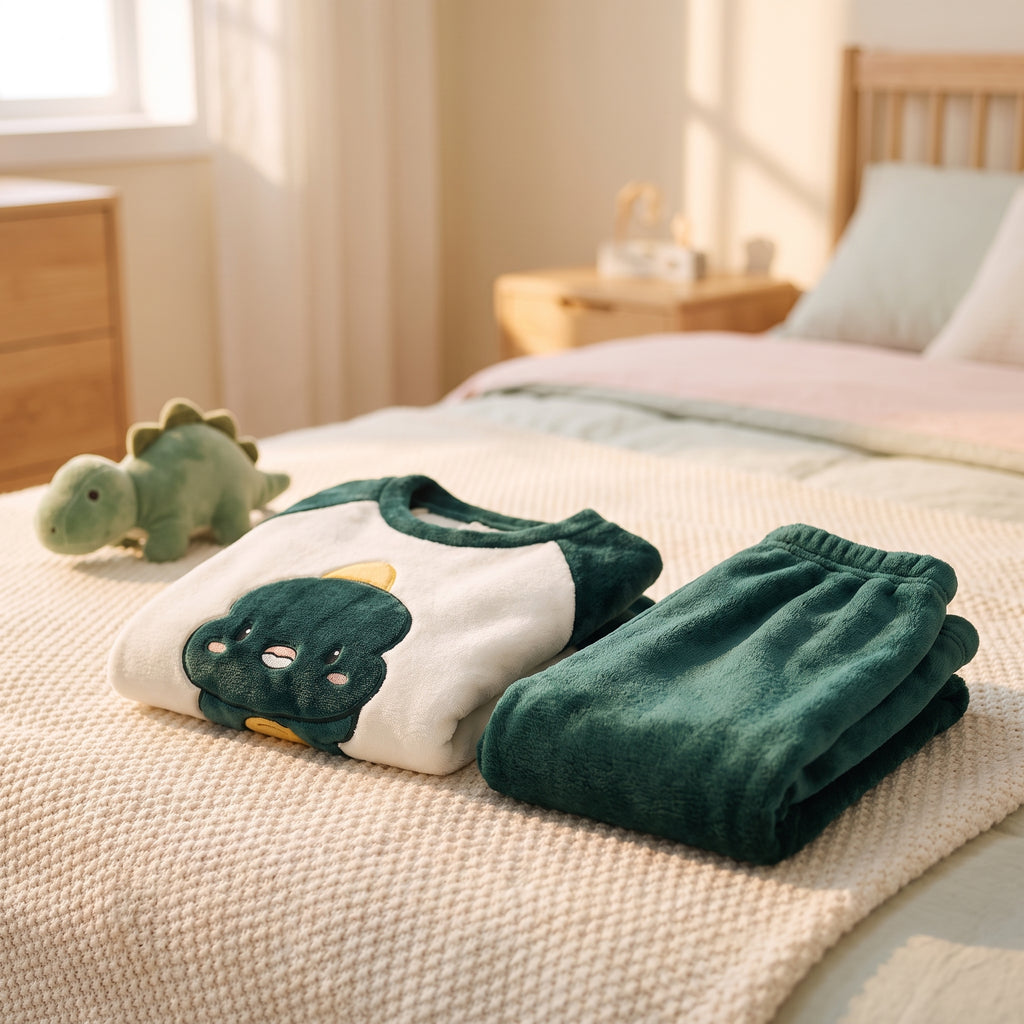 Pyjama garcon en flanelle vert sapin plie sur une couverture creme, un dimanche matin a la maison