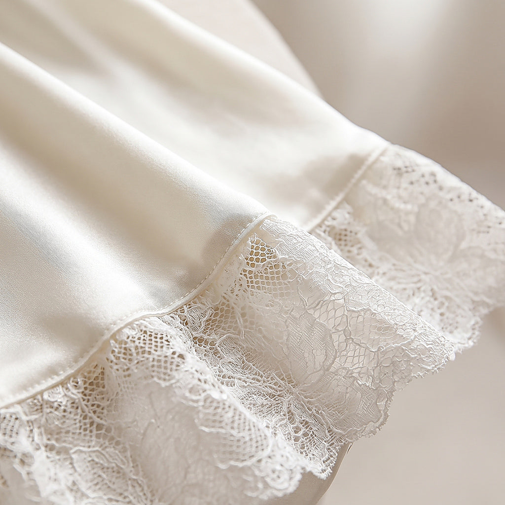 Détail de l'ourlet en dentelle et du satin ivoire lustré