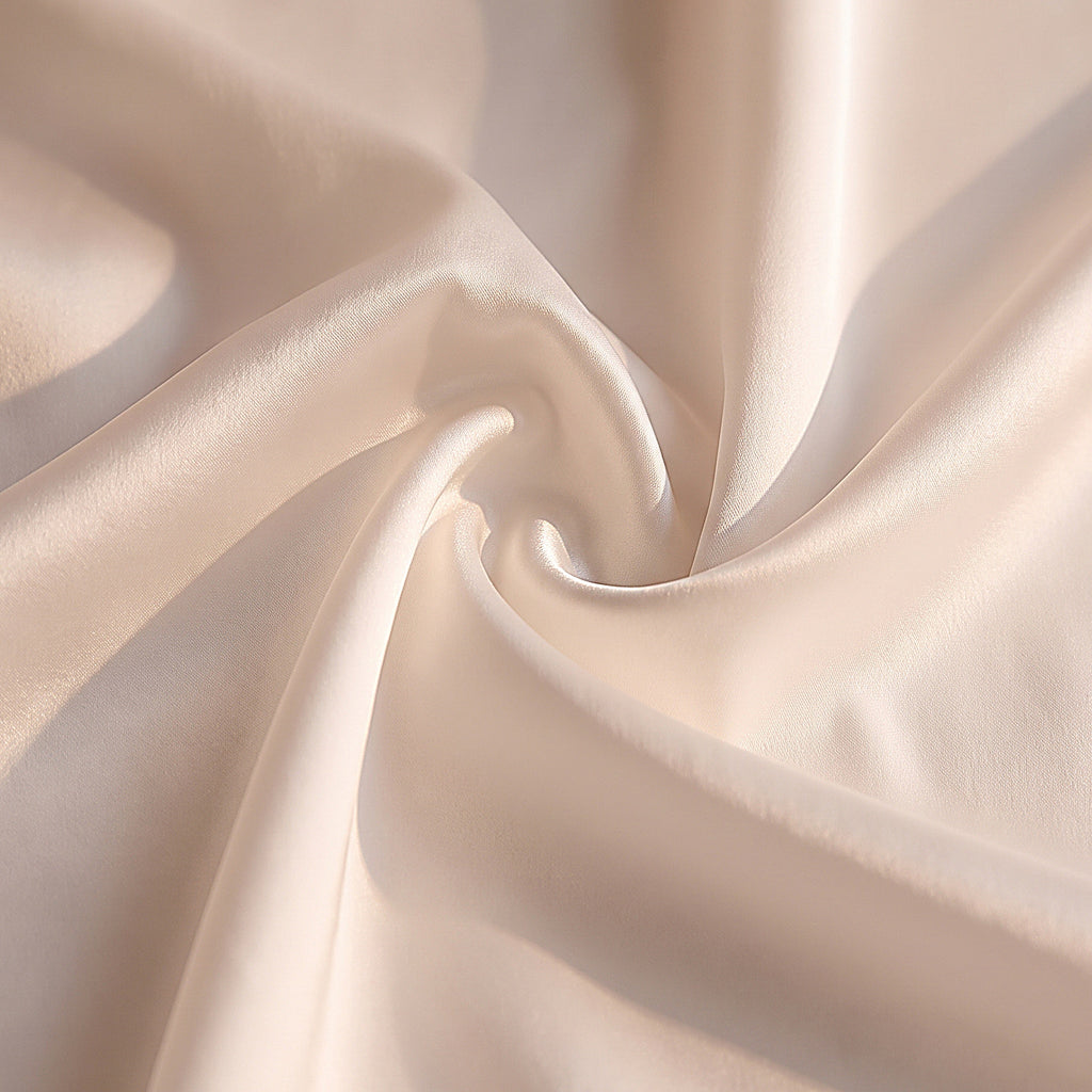 Détail du satin ivoire lisse et fluide de la longue jupe