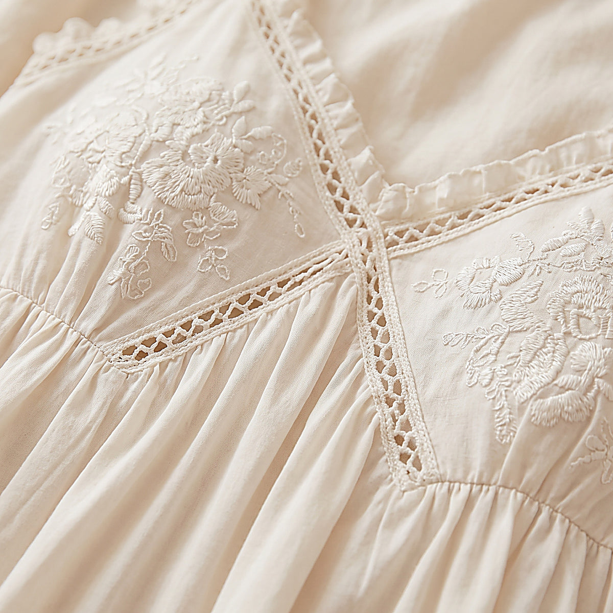 Détail de la broderie florale et de la taille empire du coton ivoire