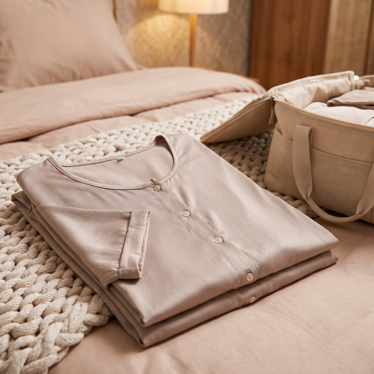 Chemise de nuit de maternité pliée sur un lit à côté d'un sac ouvert prêt à partir, encolure ronde bordée et patte de boutons
