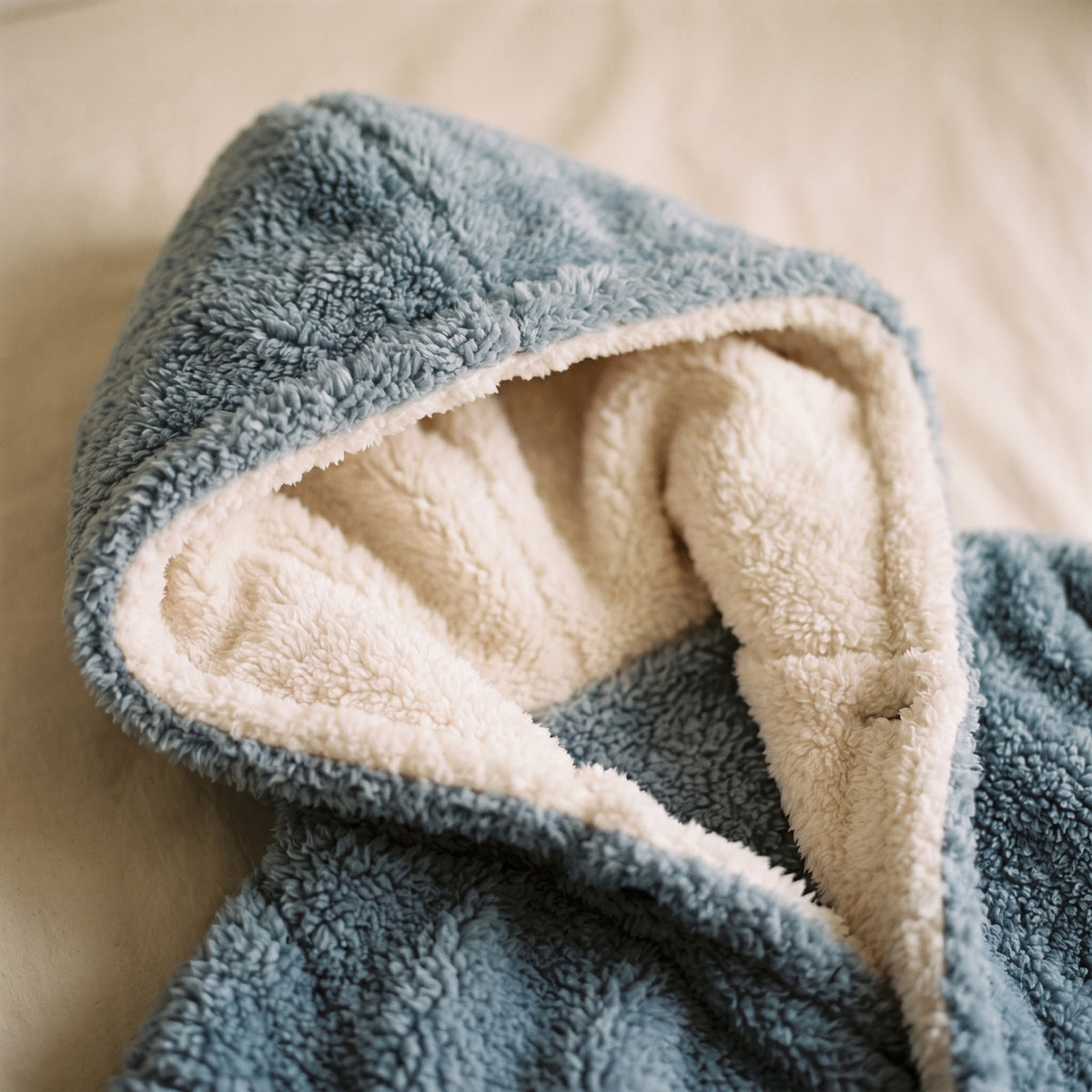 La capuche doublée de polaire crème sur la polaire bleu gris