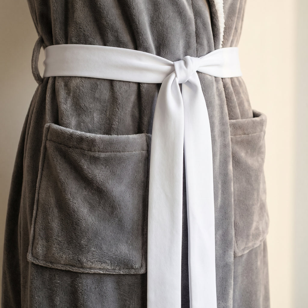 La ceinture blanche nouée et la poche plaquée du peignoir gris