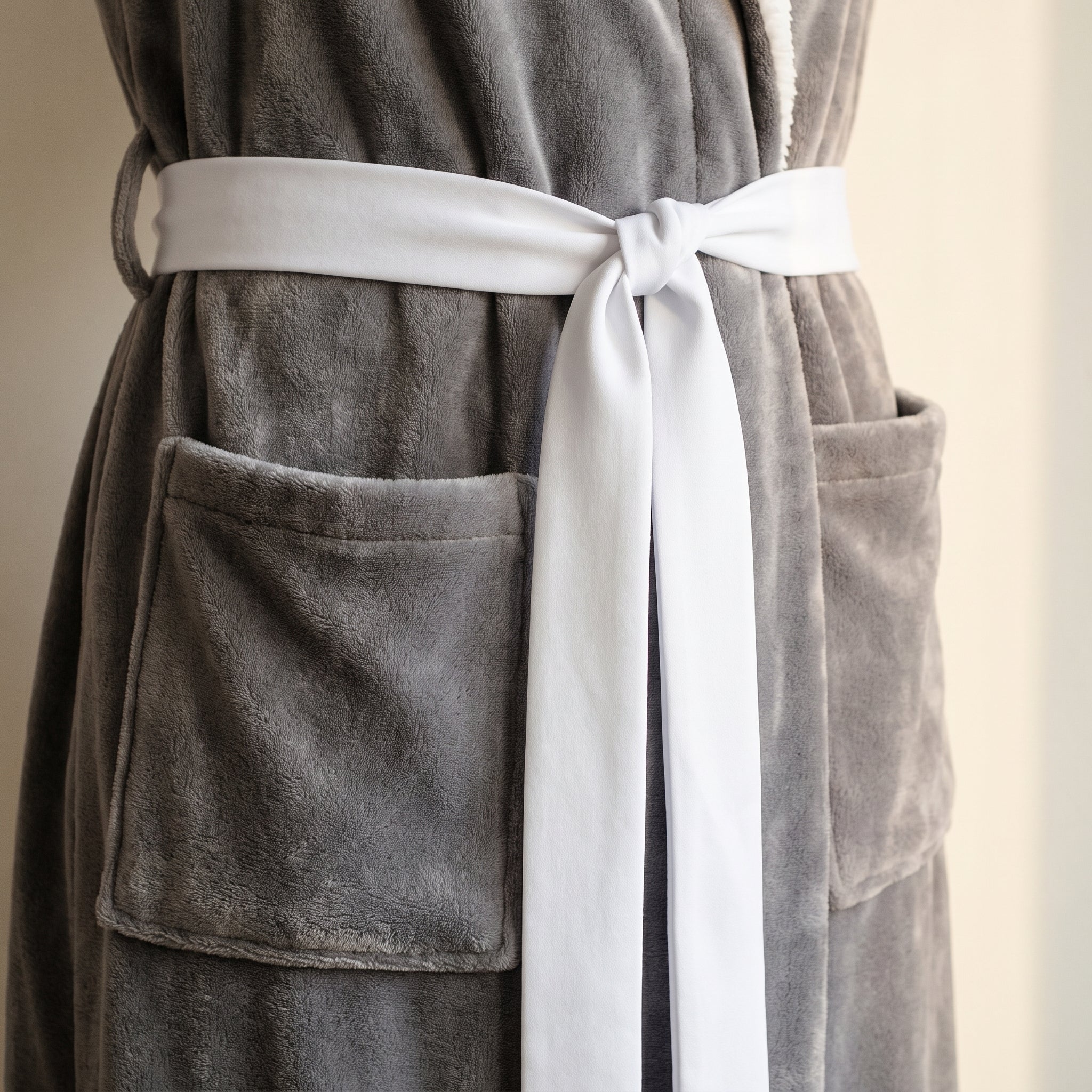 La ceinture blanche nouée et la poche plaquée du peignoir gris Image