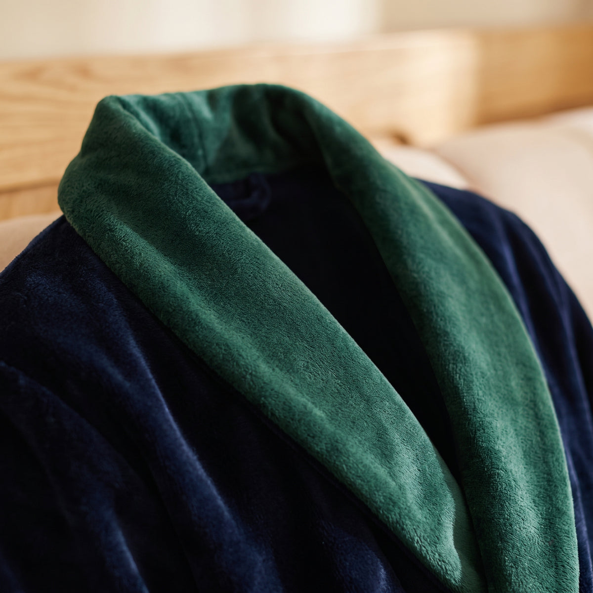 Le col châle vert sapin posé sur le velours bleu marine