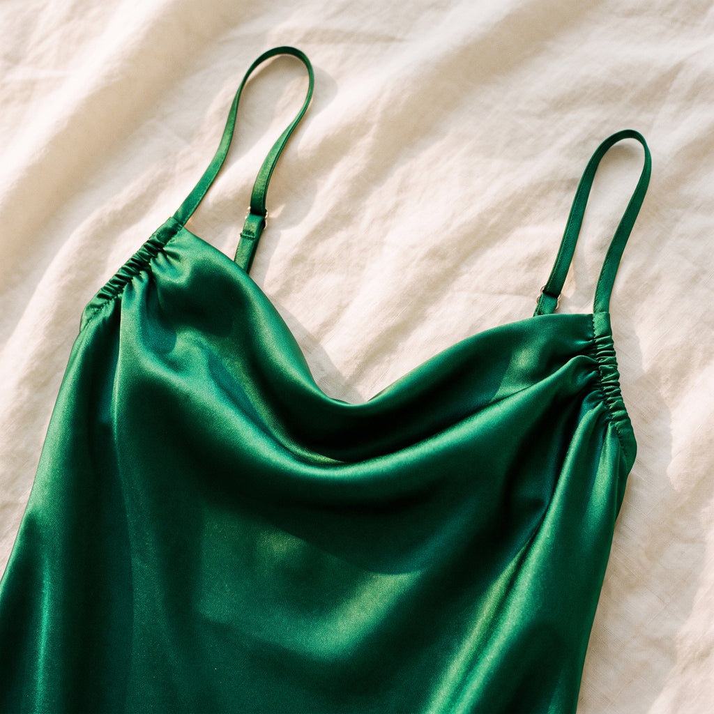 Le satin vert drapé au décolleté et ses fronces
